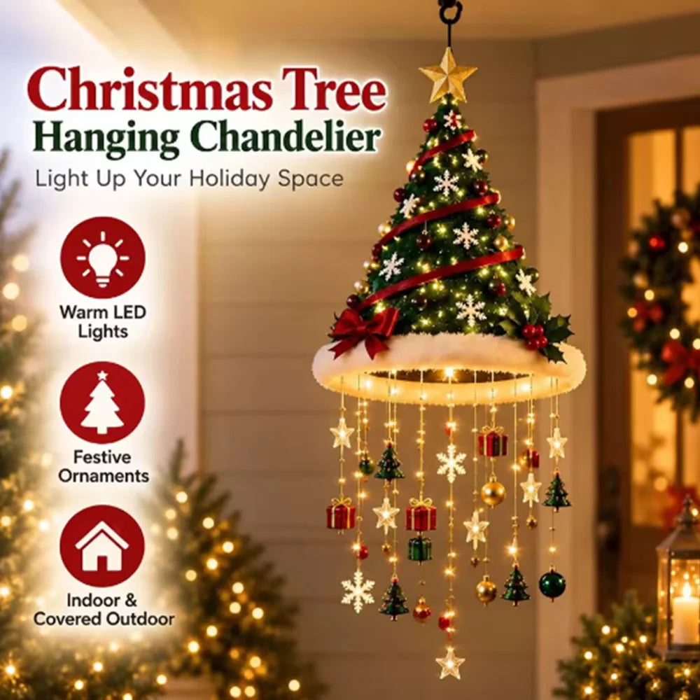LED Santa Hat Hanging Light Christmas Pendant Lamp with Tassel Bell Star Ornaments Xmas Holiday Party Home Wall Ceiling Decor