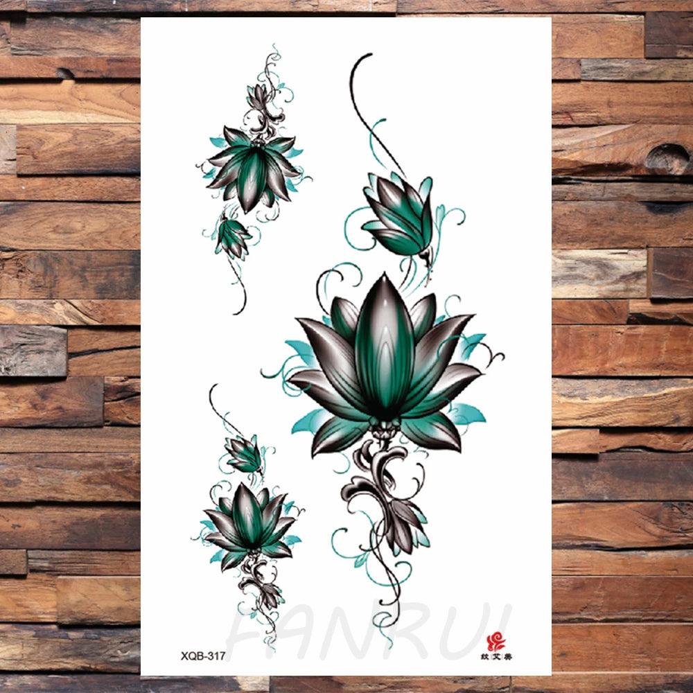 Watercolor Rose Flower Temporary Tattoo For Women Kids Girls Cherry Fake Tattoos Sticker Sexy Lotus Henna Waterproof Tatoo Waist
