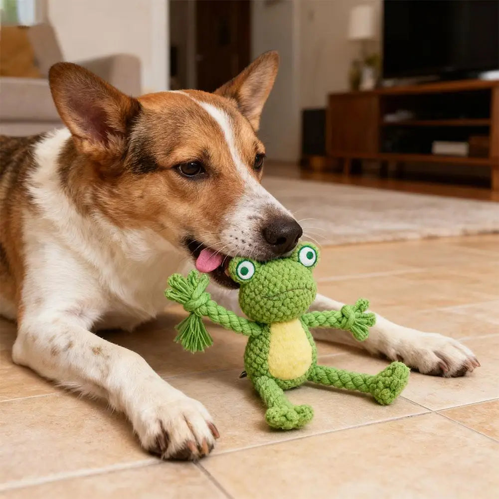 Interactive Pet Cotton Rope Toy for Dogs - Voice Simulation Tug of War Training Supplies for Fox Frog Pig - Dog Playtime Essenti