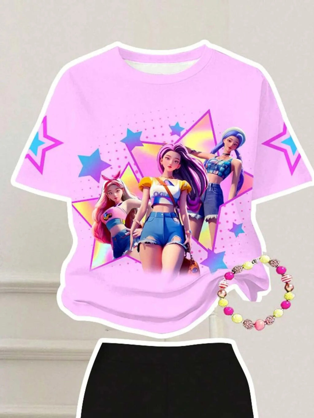 Kids Girls 2 Piece Cartoon Star Print Short Sleeve Tee & Flare Pants Set Cute Casual Summer Outfit