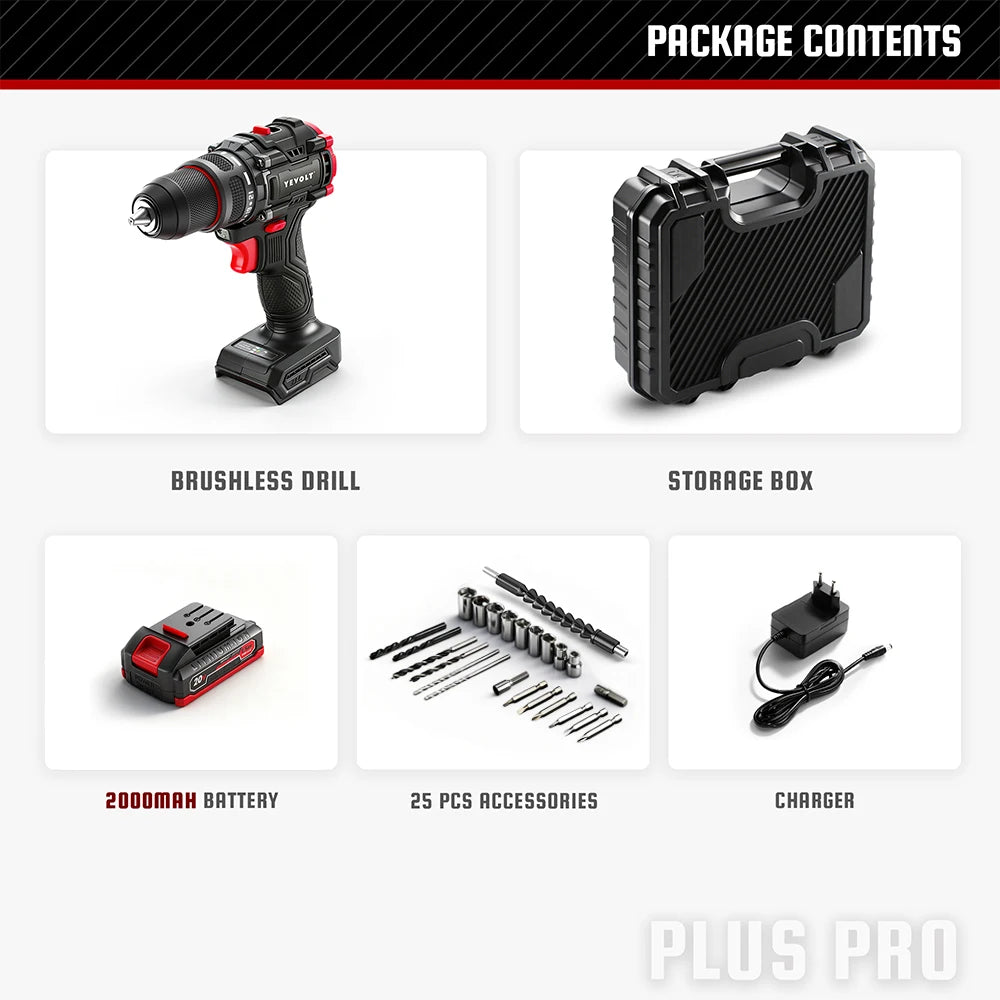 YEVOLT Electric Drill 20V Brushless Li-ion Compact Cordless 21+1 Driver Handheld Screwdriver Power Tools YVGBD20DU2 Series