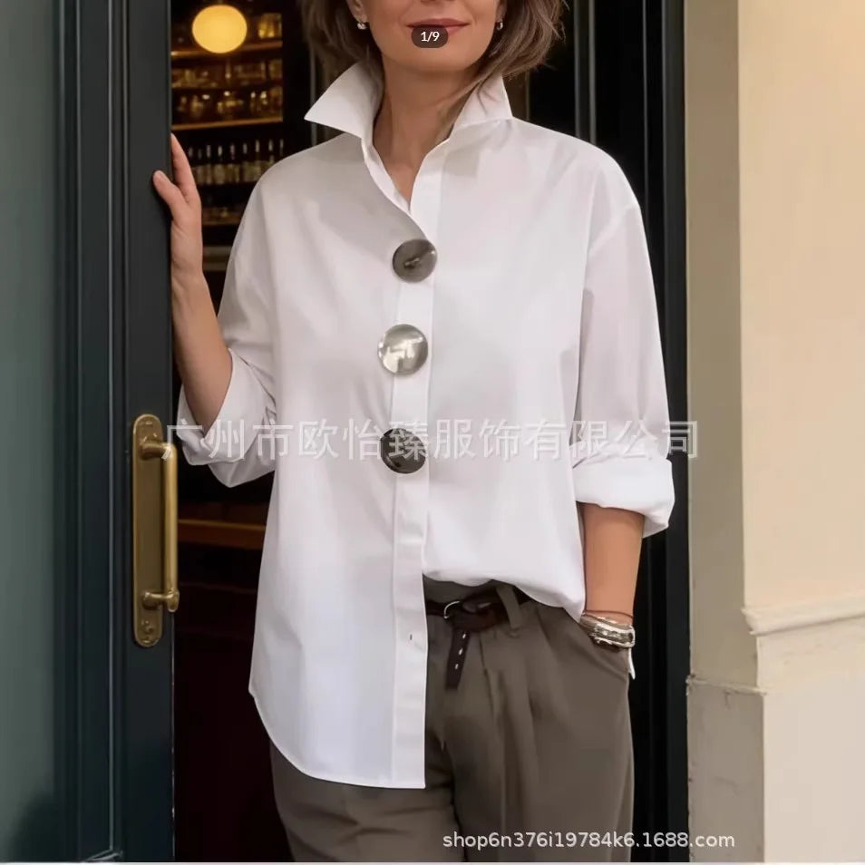 Women Casual Solid Loose Shirt Tops Spring Summer Fashion Lapel Shirt Long Sleeve Blouse Metal Button Top Office Ladies Blouses