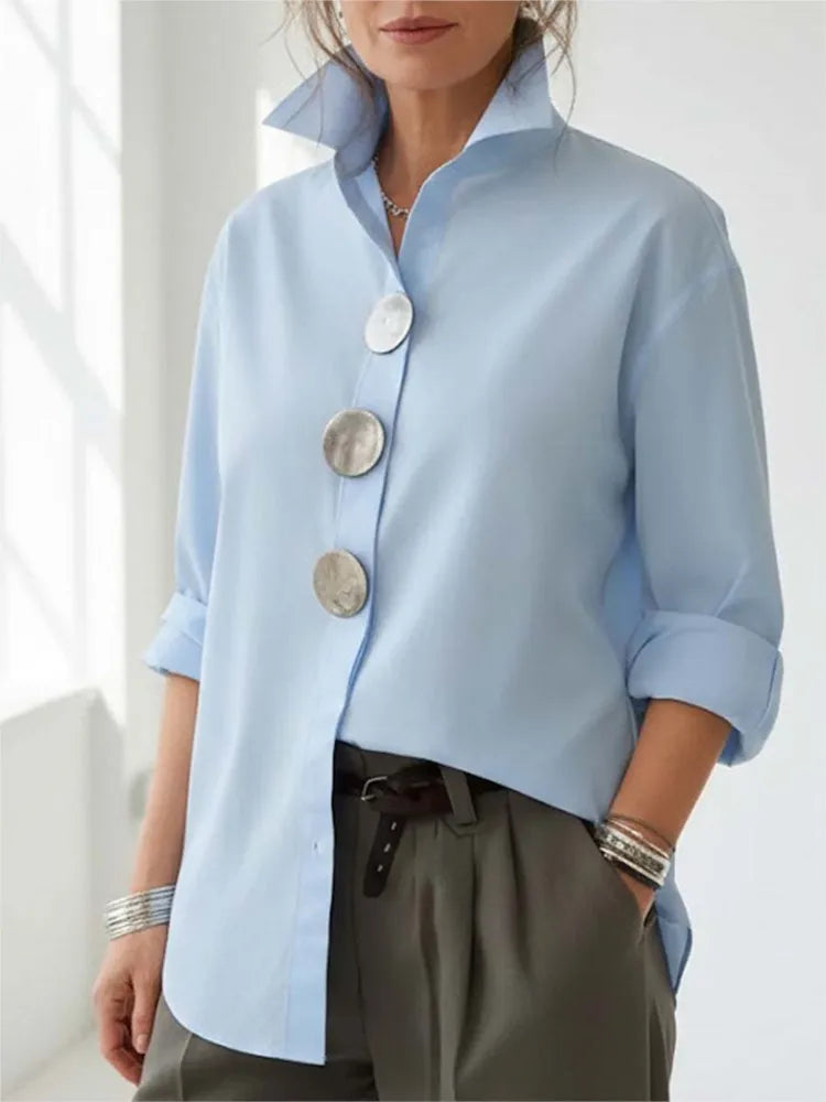 Women Casual Solid Loose Shirt Tops Spring Summer Fashion Lapel Shirt Long Sleeve Blouse Metal Button Top Office Ladies Blouses