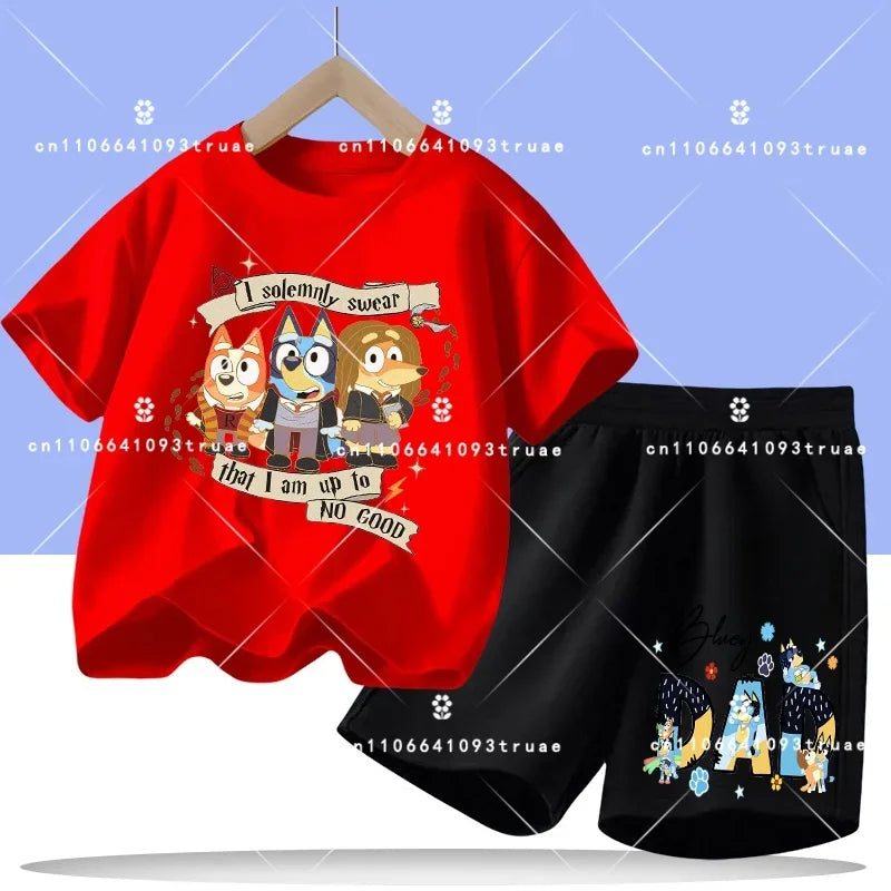 2026 summer T-shirt, 2-piece set Bluey children's 100% cotton short-sleeved set for boys - boys' sports shirt, girls' casual top