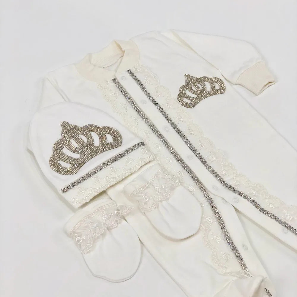 Baby Girl Coming Home Outfits Set Personalized Name Jewelry Crown Clothing Vintage Croche Infant Care Products Body Suit Pajamas