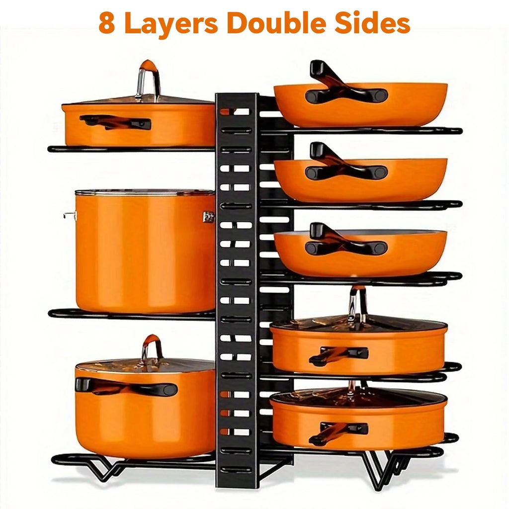 Space-Saving 8-Tier Pot Rack Organizer - Durable Metal Holder for Pans, Pots, and Lids to Keep Your Kitchen Neat and Tidy