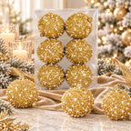 6PCS Gold Christmas Ball Ornaments, Pearl Sequin Baubles 8cm Glitter Hanging Balls Xmas Tree Holiday Decor