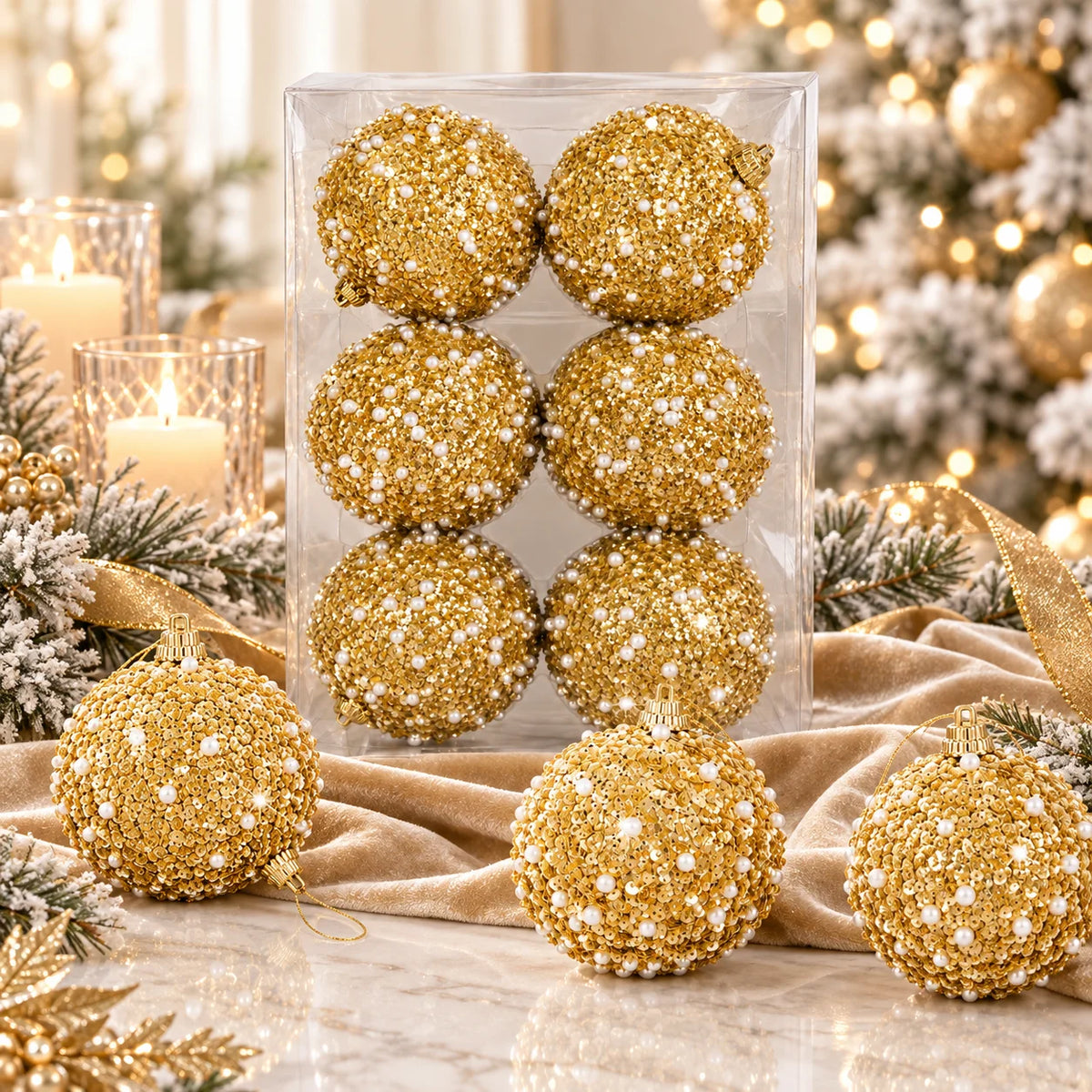 6PCS Gold Christmas Ball Ornaments, Pearl Sequin Baubles 8cm Glitter Hanging Balls Xmas Tree Holiday Decor