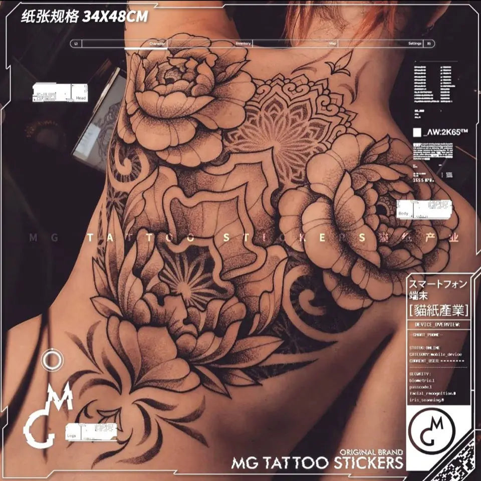 Full Back Lotus Flower Tattoo Stickers Lasting Tattoo Peony Totem Temporary Tattoos Waterproof Sexy Backless Tattoo Fake Tattoo
