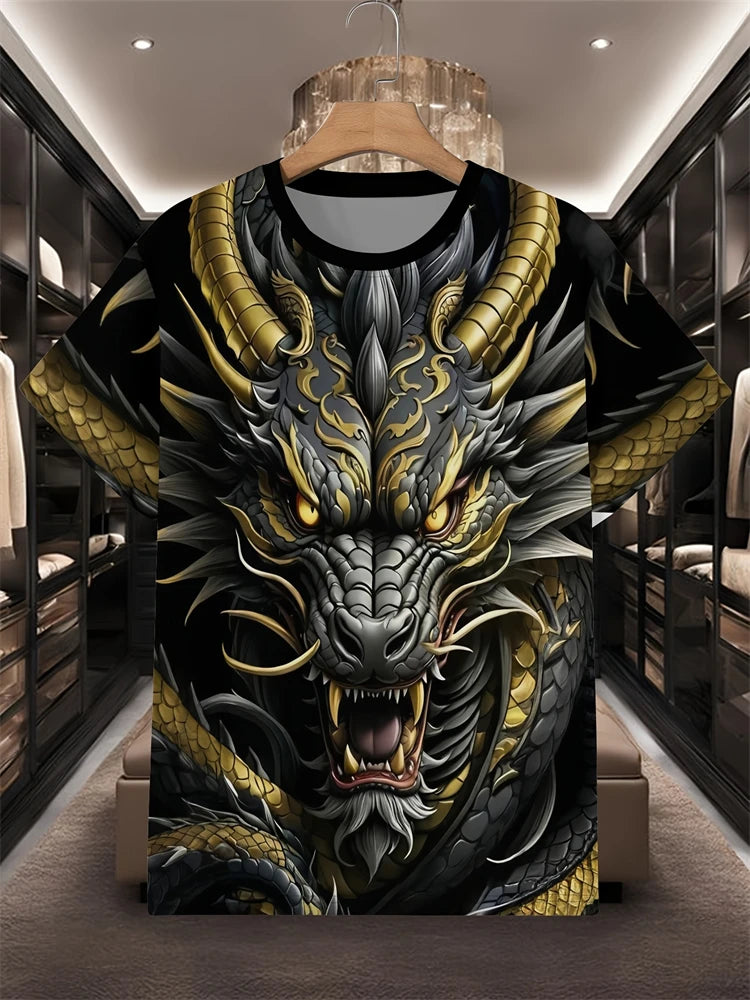2025 New Men's 3D Dragon Print T-shirt Casual Short-sleeved Pullover Polyester Round-neck Summer Outdoor Clothing Adult Size