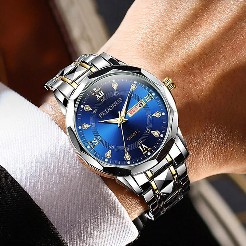 Men's Watch, Fashion Casual Luminous Double Calendar Steel Strap Quartz Watch