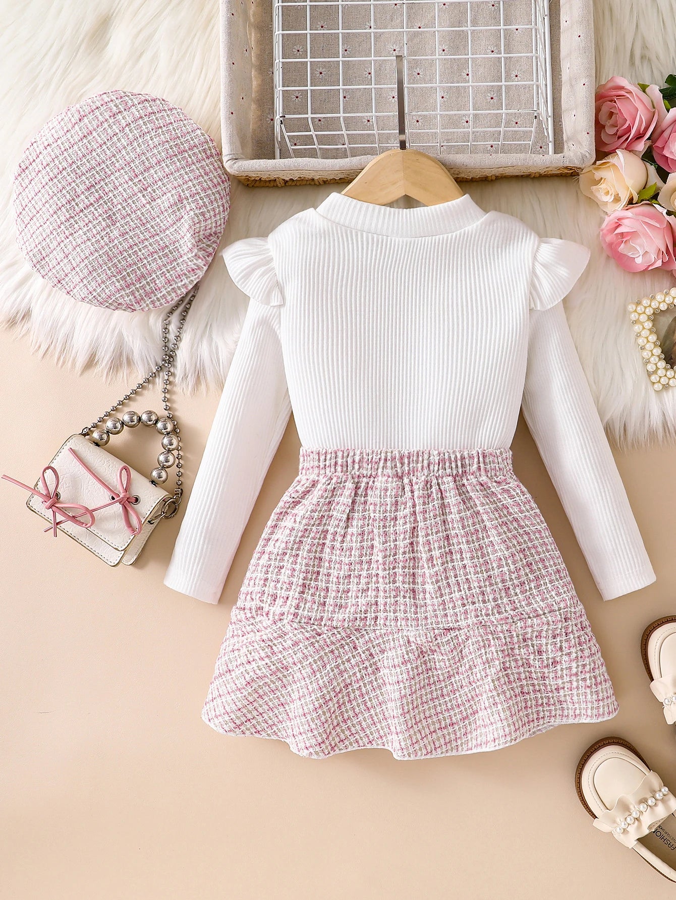 2-Piece Set for Girls: Spring and Autumn Thin Skirt Set, Children's Comfortable and Soft Simple Solid Color Round Neck Pullover Knit Top with Button Decoration + Plaid Print Button-Decorated Asymmetrical Hem Short Skirt Set.