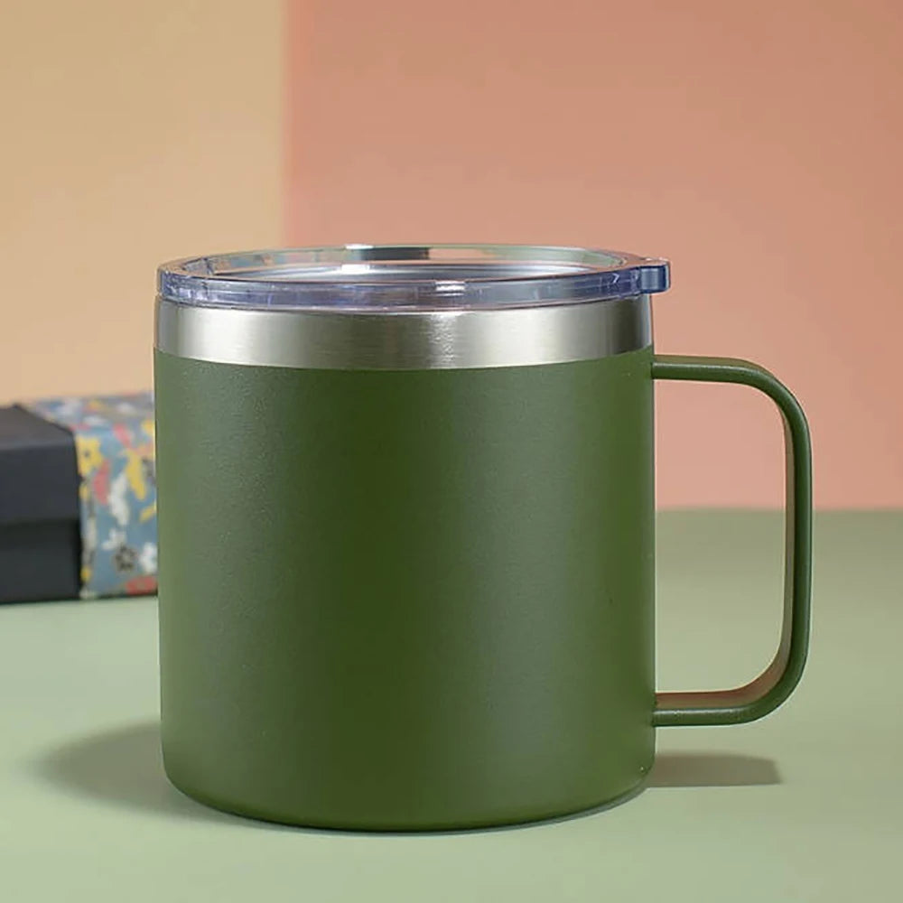 Custom 12oz Coffee Mug With Handle Tumbler Stainless Steel Vacuum Insulated Thermal Beer Cup Travel Thermos with Leakproof Lid