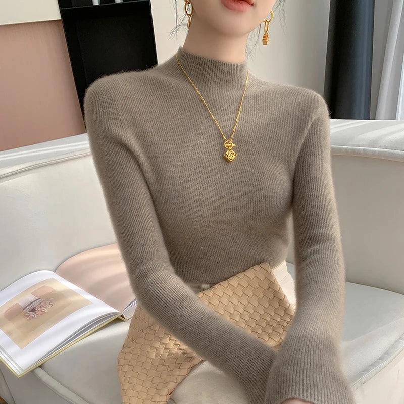 Autumn and Winter New Women's Cashmere Sweater 100% Pure Cashmere Semi High Neck Women's Pullover Soft Basic Women's Top