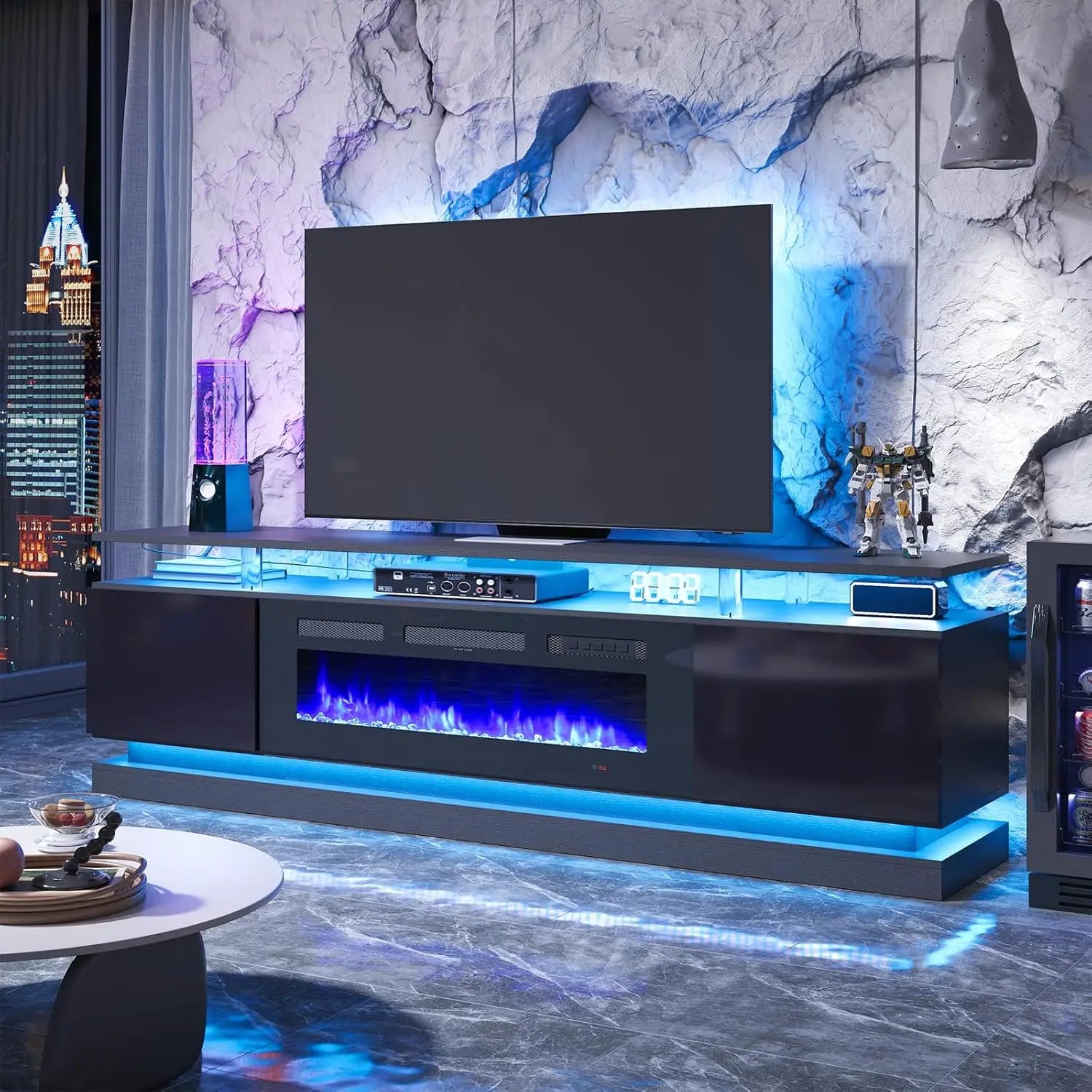 70 inch Modern TV Stand with Electric Fireplace for TVs up to 80 inches White Living Room Media Console Entertainment Center