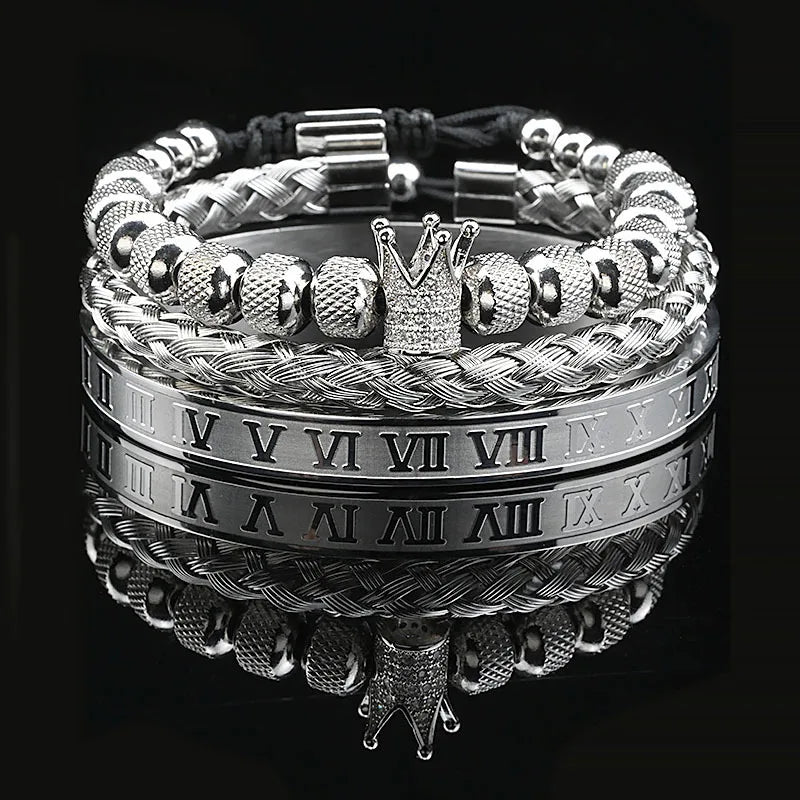 Luxury Set Crown Charms Man Bracelet Roman Stainless Steel Women Bangles Hand Jewelry Valentine's Day Gift