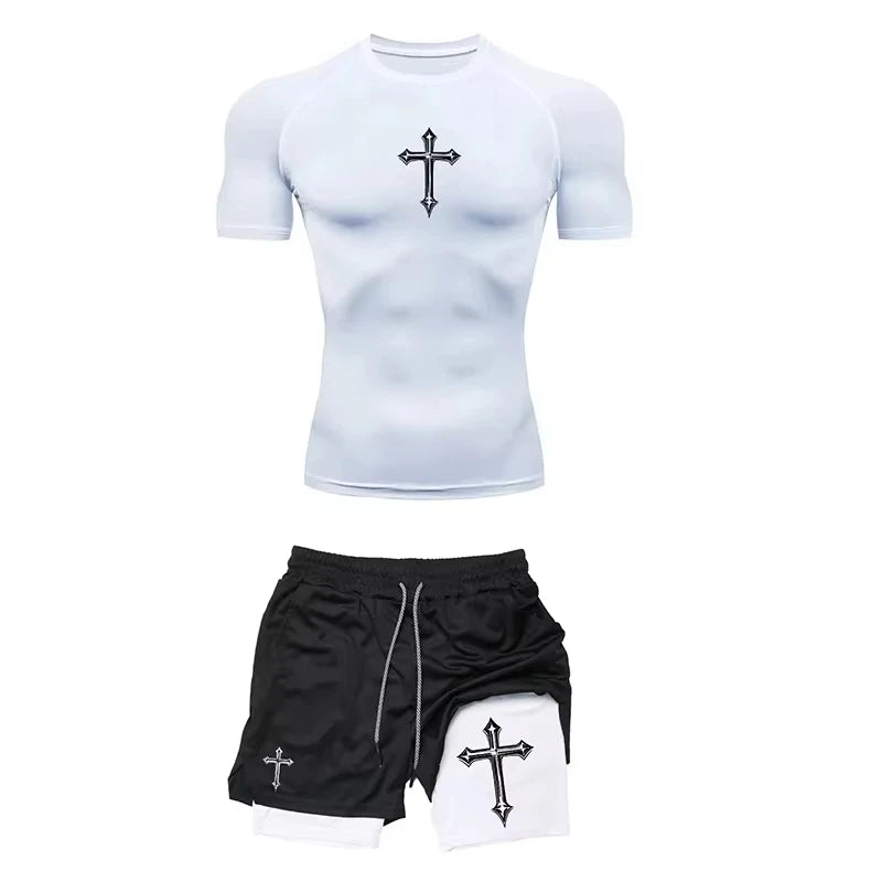 Men's Summer 2-Piece Jogging Set Compression Tight T-Shirt & Fitness Shorts Breathable Gym Workout Tracksuit ZY00190