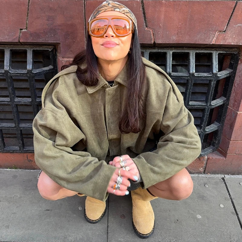 Vintage Brown Women's Suede Jacket Women Zipper Long Sleeve Pocket Loose Short Bomber Coat 2025 Spring Lady High Street Outwear