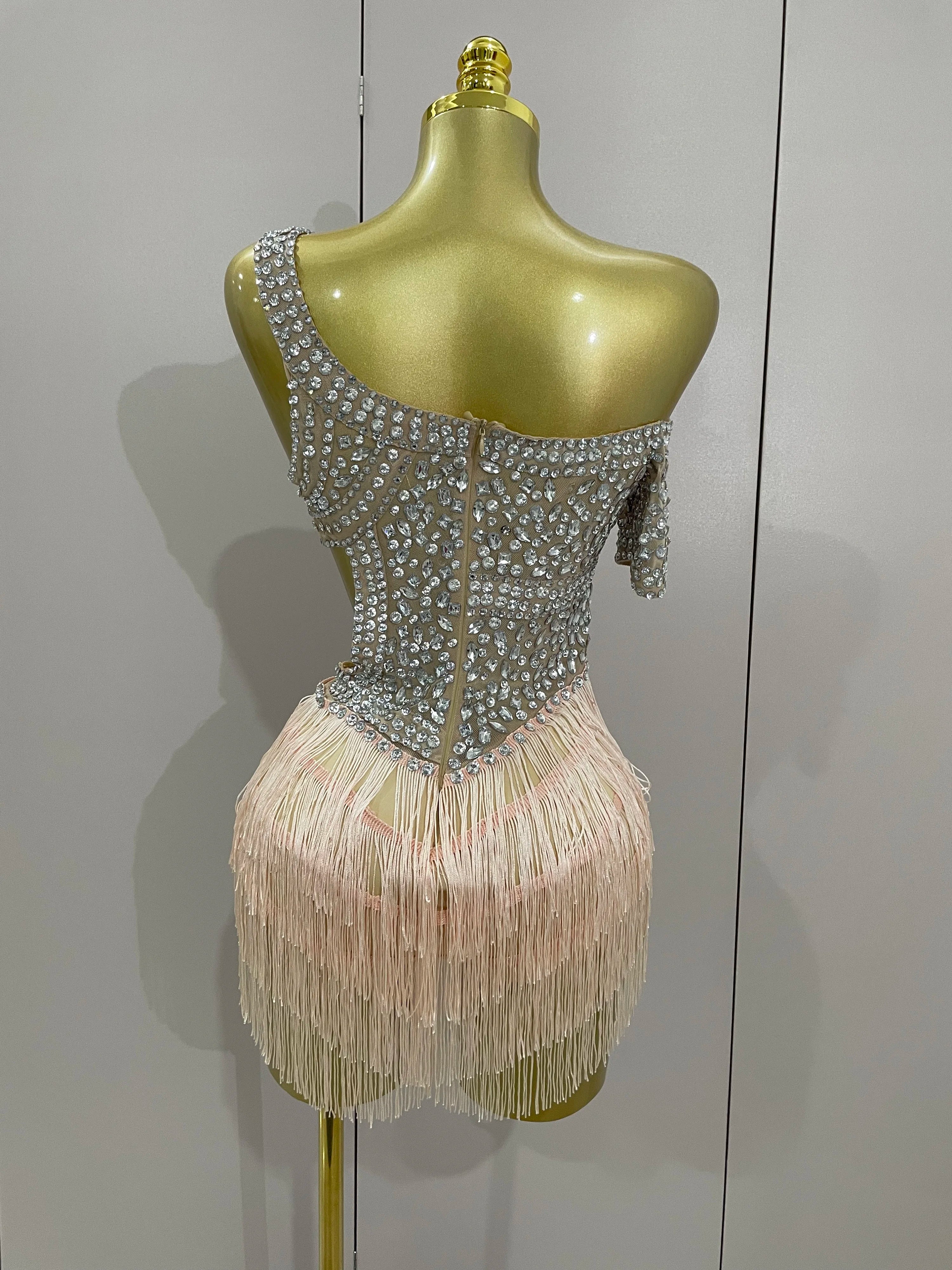 Luxury Sparkly Rhinestones Sexy Mesh Tassels Bodysuit Gloves Women Eveing Birthday Party Nightclub Performance Stage Costume