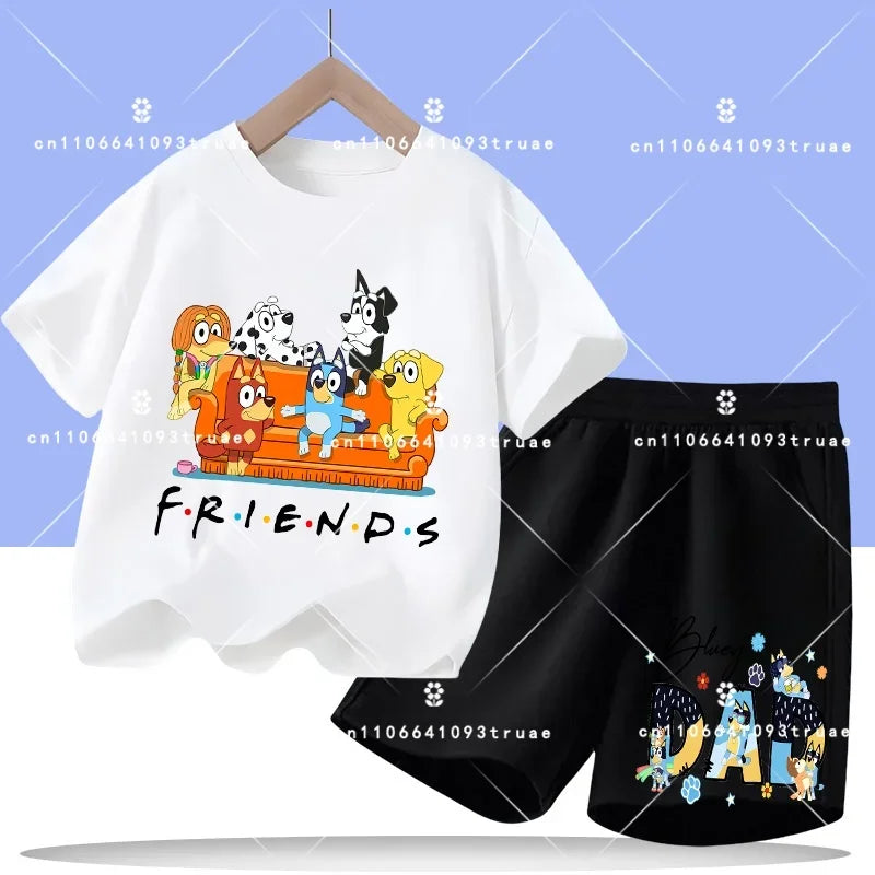 2026 summer T-shirt, 2-piece set Bluey children's 100% cotton short-sleeved set for boys - boys' sports shirt, girls' casual top