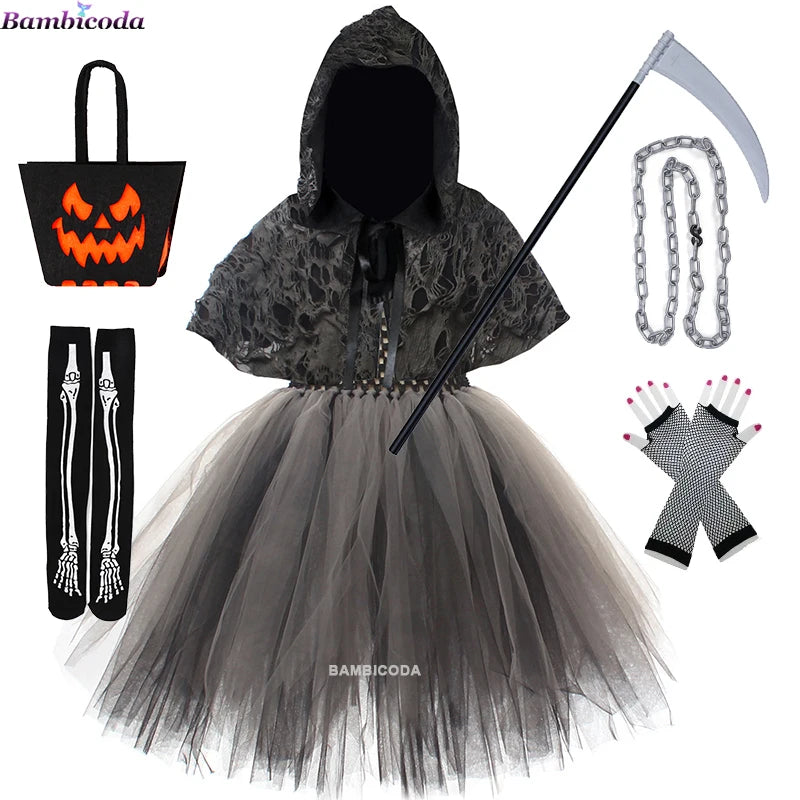 2025 Girls Demon Horror Death Halloween Costume Cosplay Fancy Dress Party Medieval Hooded Cloak Clothing Party Grim Clothes ﻿