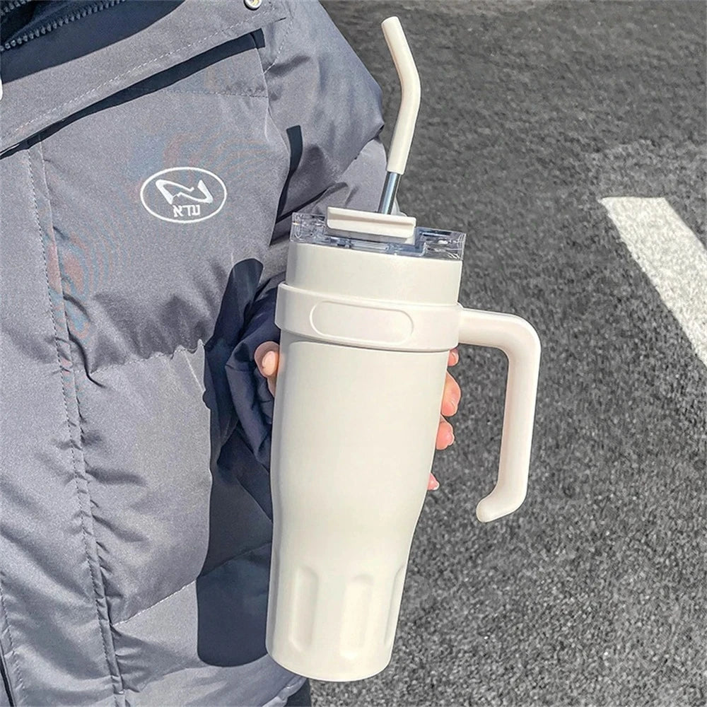 1pc Stainless Steel Ice Tumbler 38.55oz Insulated Cup with Handle & Straw Keeps Cold for 24 Hrs Car Insulation Cup Coffee Water
