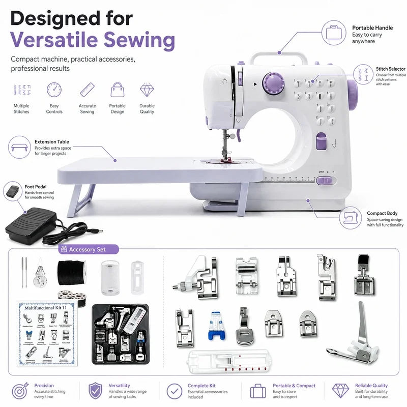 A sewing machine suitable for beginners, with an extension table, comes with an 11-foot presser set, has 12 stitch patterns