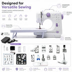 A sewing machine suitable for beginners, with an extension table, comes with an 11-foot presser set, has 12 stitch patterns