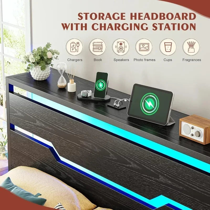 Bed Frame with LED Lights & Charging Station, King Bed Frame and Headboard,13" Under Bed Storage,Metal Slats Support Customized
