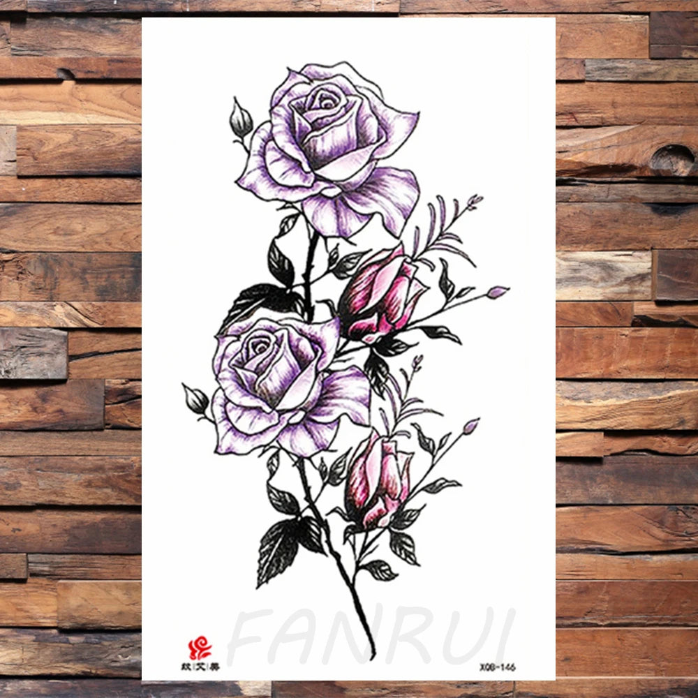 Watercolor Rose Flower Temporary Tattoo For Women Kids Girls Cherry Fake Tattoos Sticker Sexy Lotus Henna Waterproof Tatoo Waist