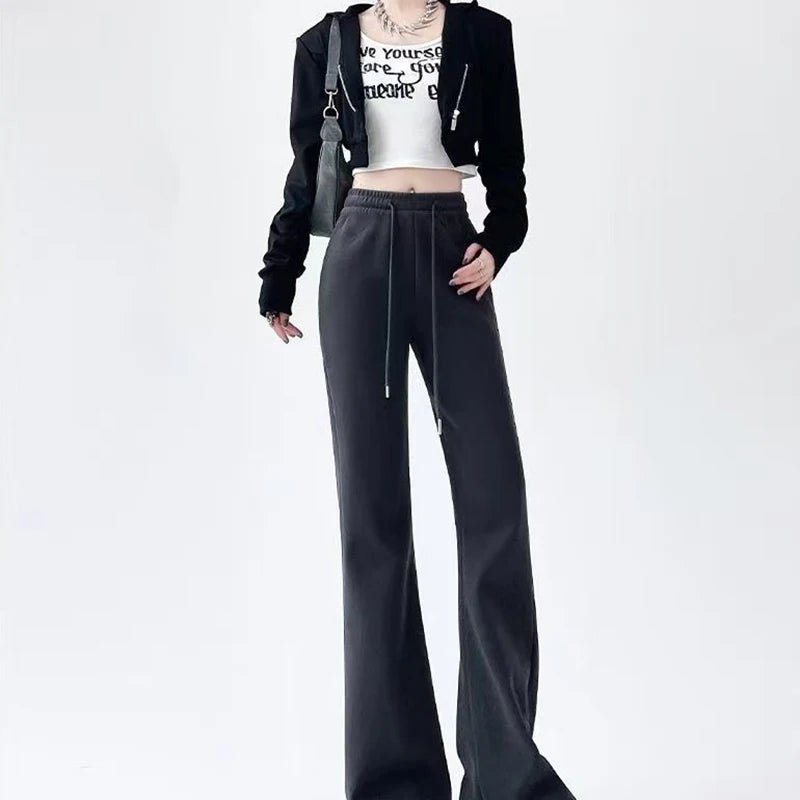 Micro Flared Pants Casual Dark Gray Sports High Waisted Drawstring Elastic Long Pants Solid Simple For Women Clothes Fashion New