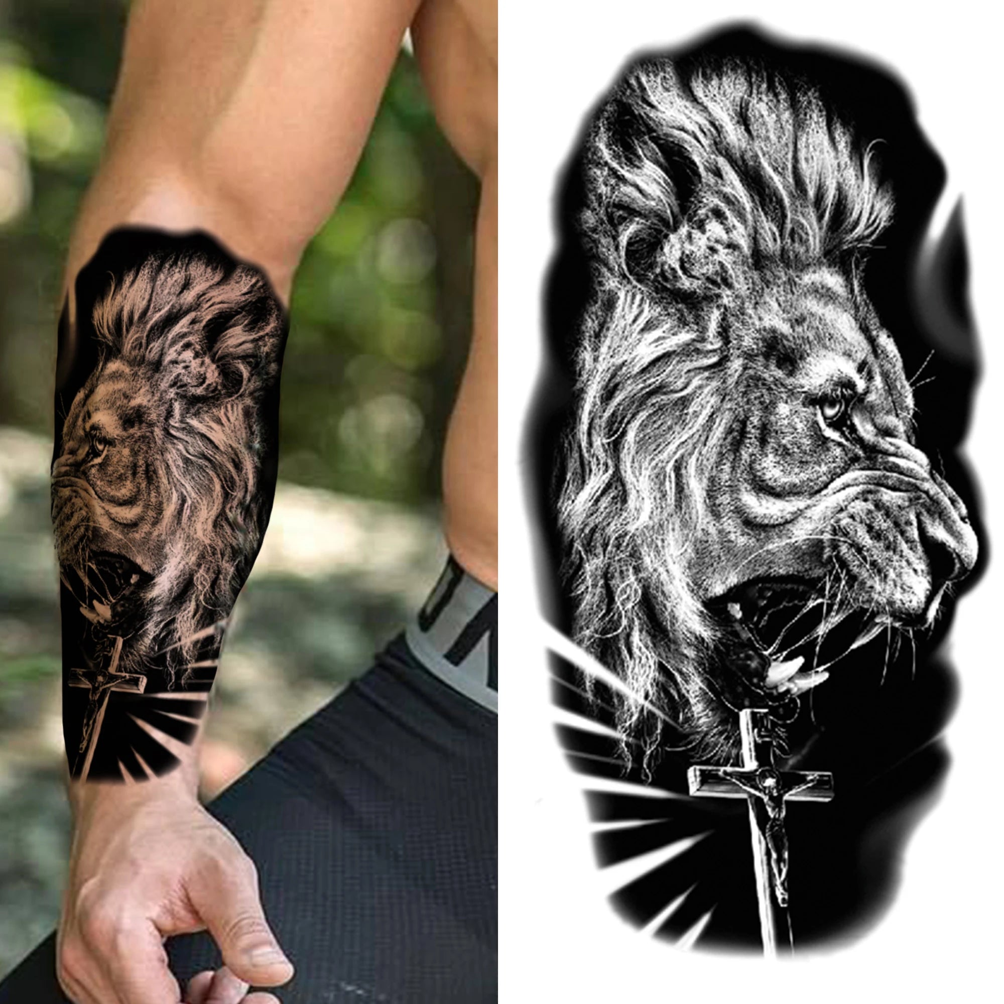 1pc Lion Men Waterproof Temporary Tattoos Fake Stickers Arm Hand Cool Art Black Transfer Clock Tattoo Stickers Wolf Tiger Tattoo
