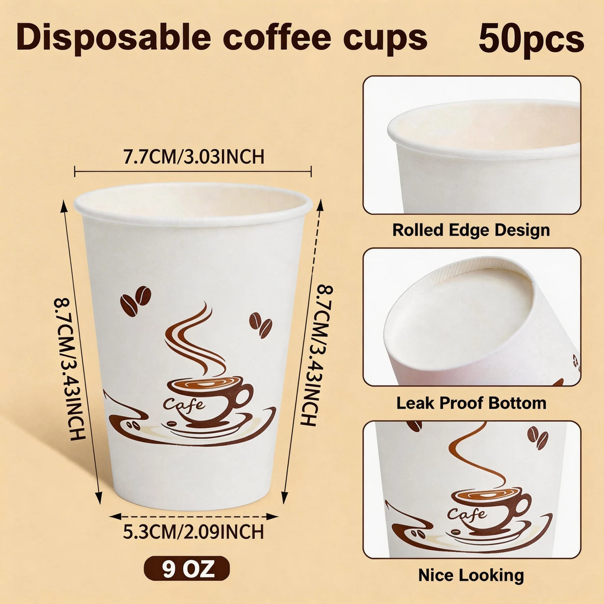 50/100/200PCS 9 oz Disposable Paper Cups for Hot & Cold Drinks – Leak-Proof Coffee Cups, Durable & Eco-Friendly, Ideal for Cafés, Restaurants, Offices, Home Use, Parties, and Everyday Beverage Serving