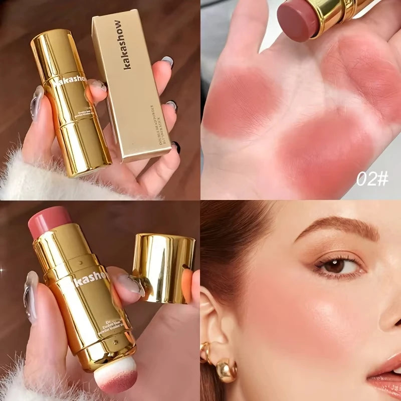 Double Head Powder Blusher Stick, Multi-use Cream Blush Stick with Sponge Tip, Long-lasting Natural Cheek Tint, Portable Makeup