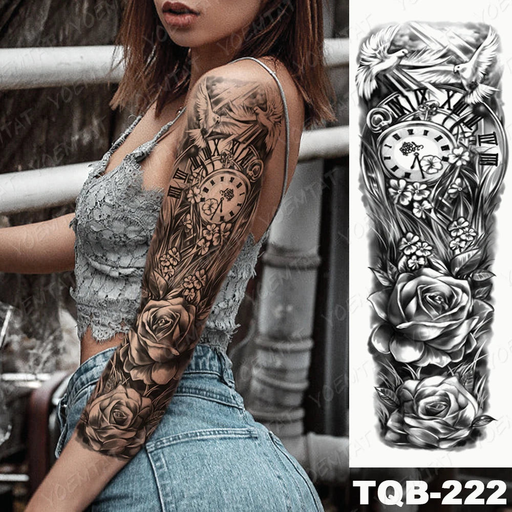 Large Arm Sleeve Tattoo Gun Rose Lion Waterproof Temporary Tattoo Sticker Clock Flower Waist Leg Body Art Full Fake Tatoo Women