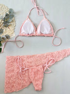 Women's Sexy 3 Piece Bikini Set 3D Flower Beach Skirt Swimsuit Pure Pink Triangle Halter Backless Thong Swimwear 2025 Summer New