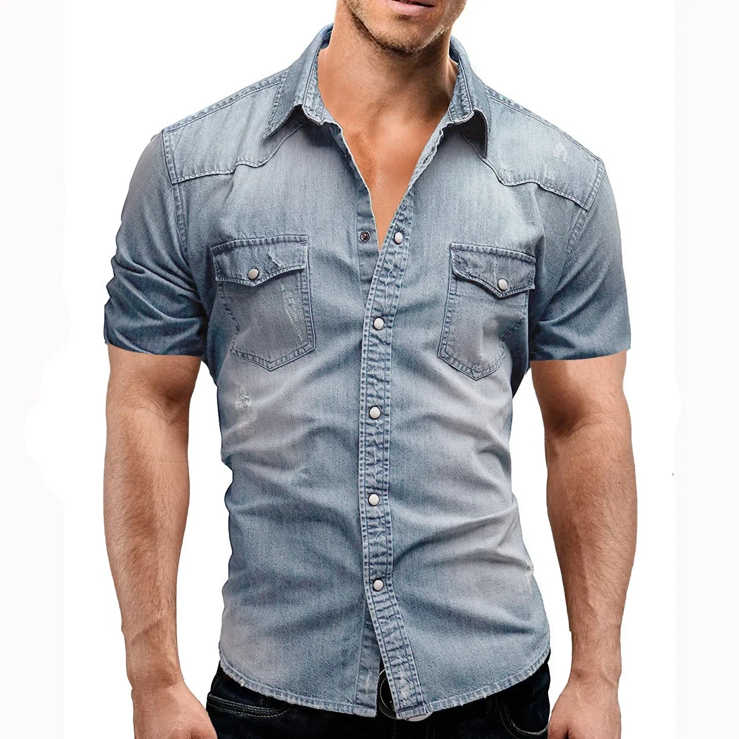 New 2026 Men's Denim Shirt Fashion Short Sleeve Soft Solid Slim Cowboy Tops Men Trend Streetwear Vintage Casual Cardigan T-shirt