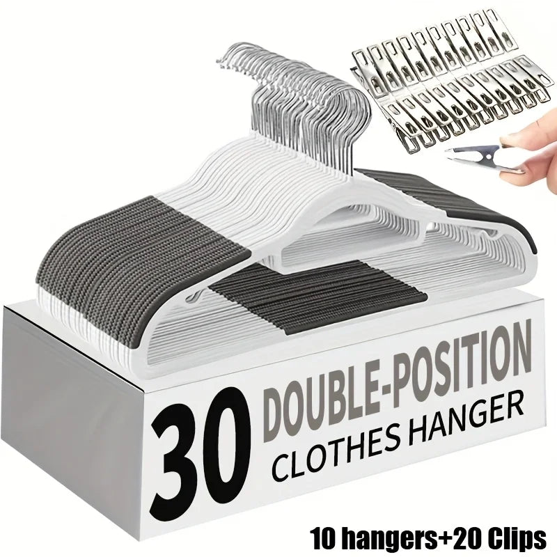 30pcs（10 hangers+20 clips） Anti Slip Hangers Set - Heavy Duty Velvet Clothing Hangers for Wardrobe, Multiple Colors