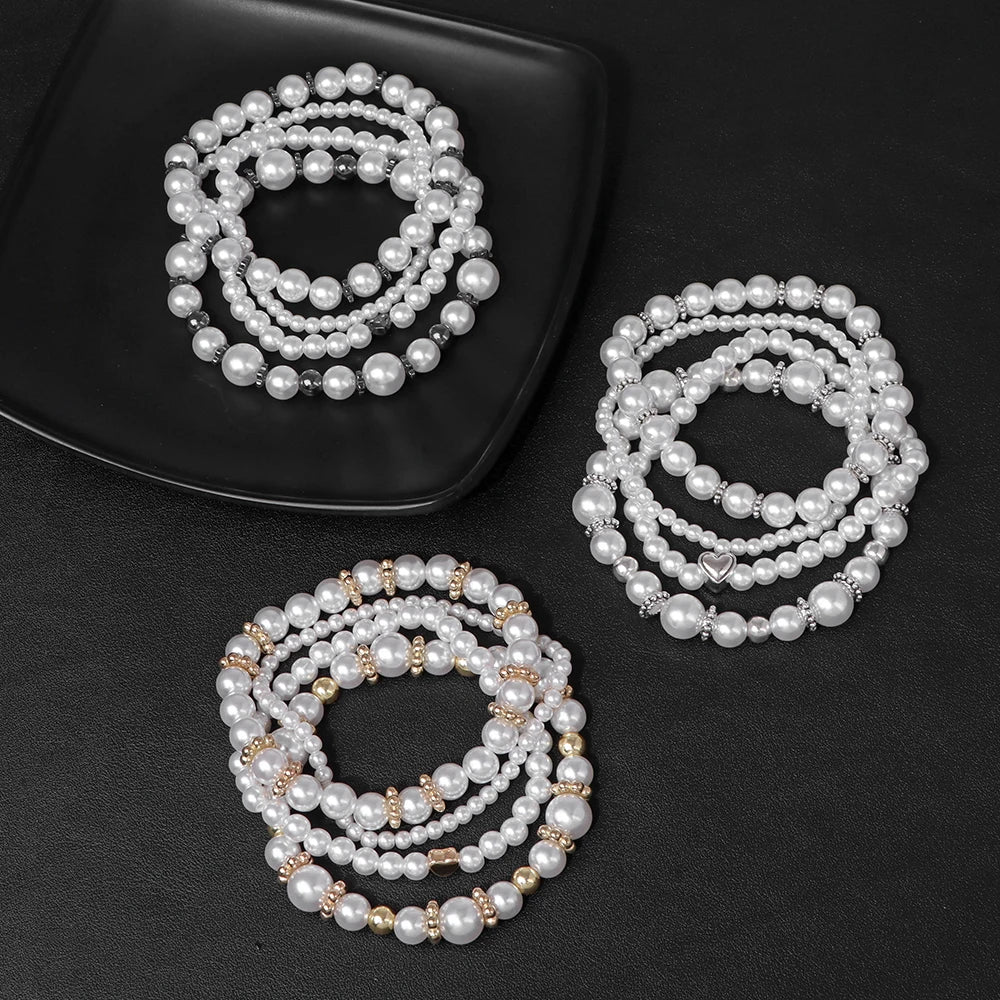 4 Pcs/Set White Pearl Bracelet Set Multilayer Gold Color Beads Bracelet For Women Trendy Imitation Pearl Bangle Luxury Jewelry