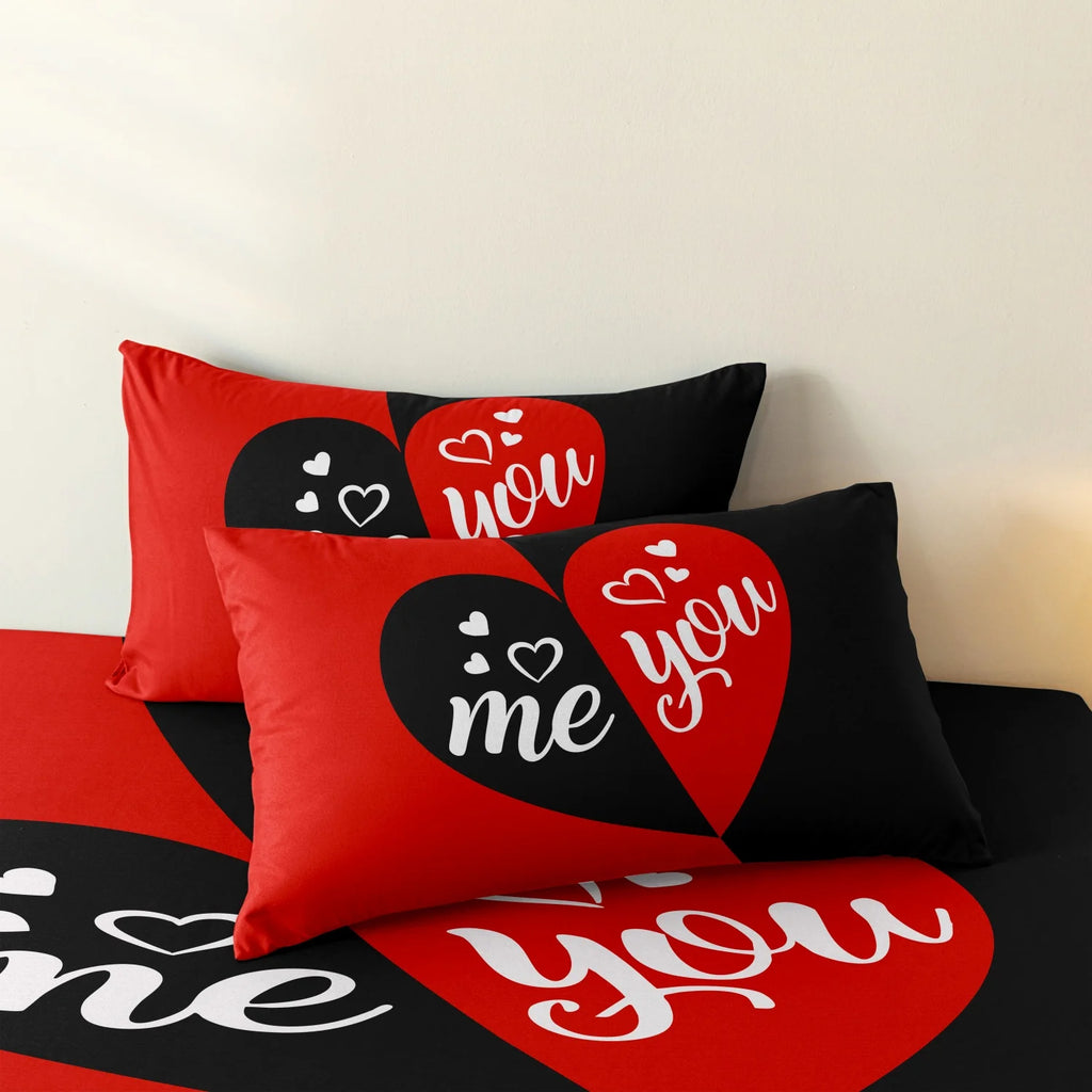 3pcs Heart Print Duvet Cover Set, Red Black Couple Print Bedding, Love Themed Room Decor, Romantic Heart Design Festival Gift