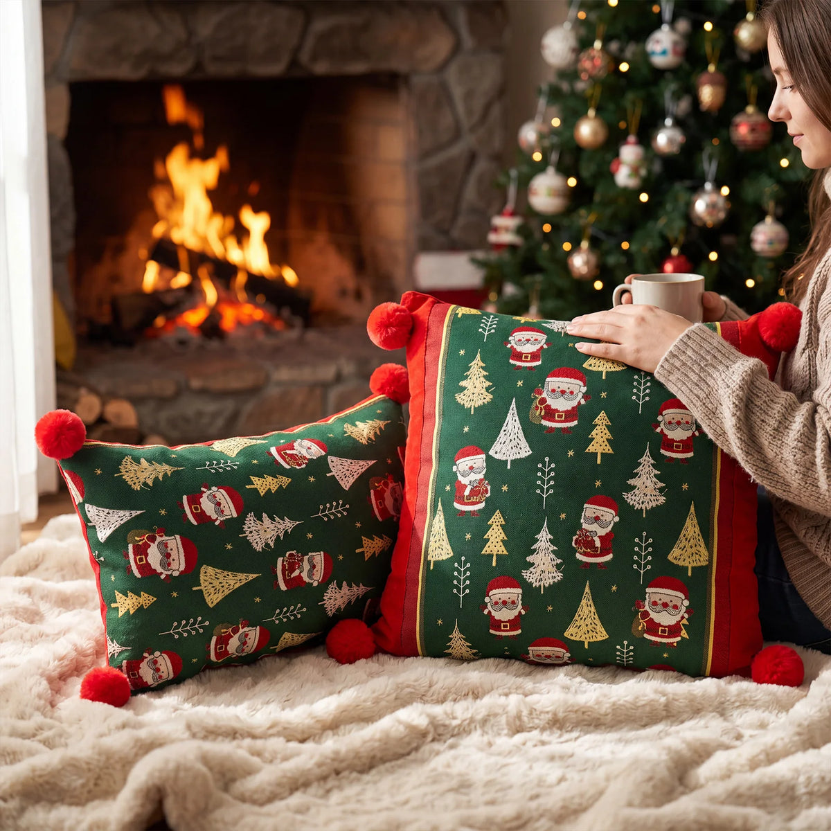 Christmas Red Jacquard Throw Pillow Cover Cartoon Elk Snowflake Christmas Pillowcase Plush Sofa Decor Cushion Covers 45x45cm