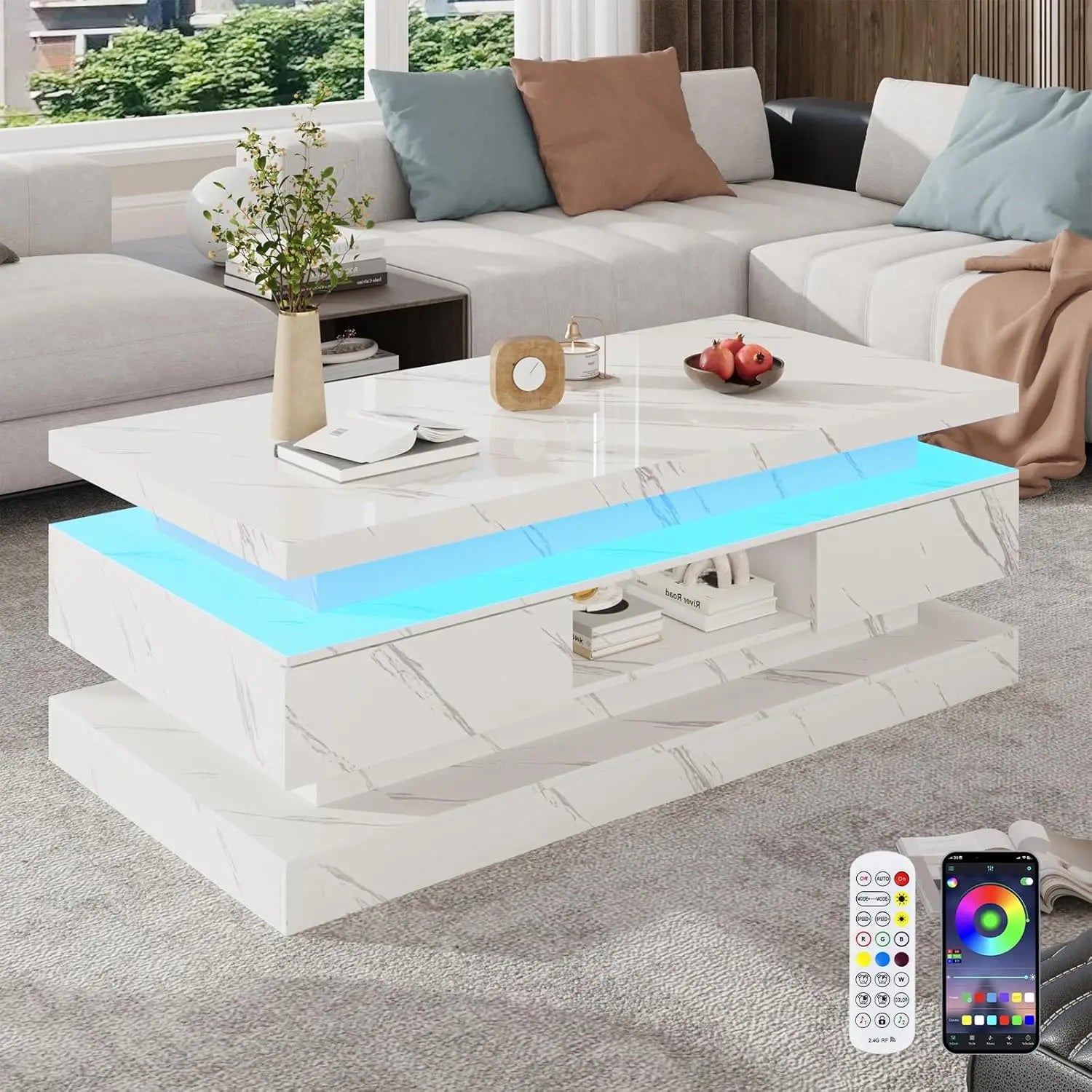 47.2 inch Modern High Glossy LED Coffee Table with 2 Sliding Drawers, Double-Layer Center Tables with LED Lights, Customized
