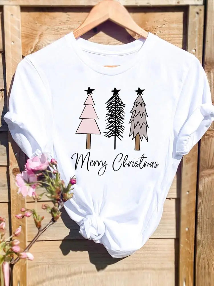 Merry Christmas New Year Holiday Graphic T Tee Fashion Cat Tree Lovely 90s Cute Harajuku Kawaii T-shirt Women's Y2K Clothing
