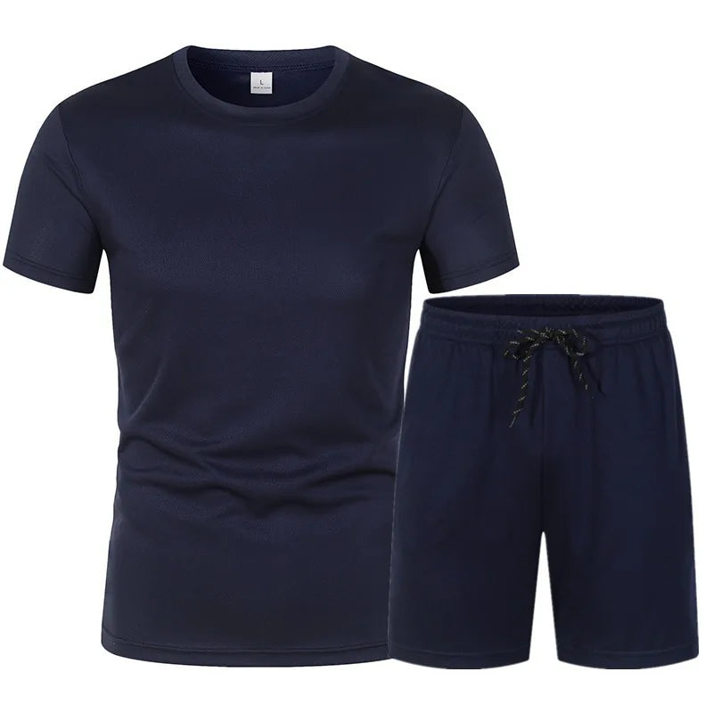 2026 Men's running Sets Short Sleeve T-shirt+Shorts 2-piece Sets Slim Fit Mesh Breathable Jogging Gym Sportswear Clothing summer