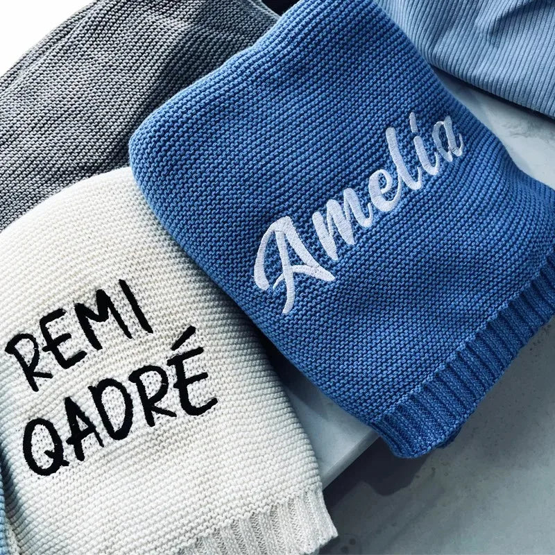 Customize Name Baby Blanket - Embroidered Design Great for New Borns Stroller Swaddles Comfort Breathable Cotton Knitted Blanket