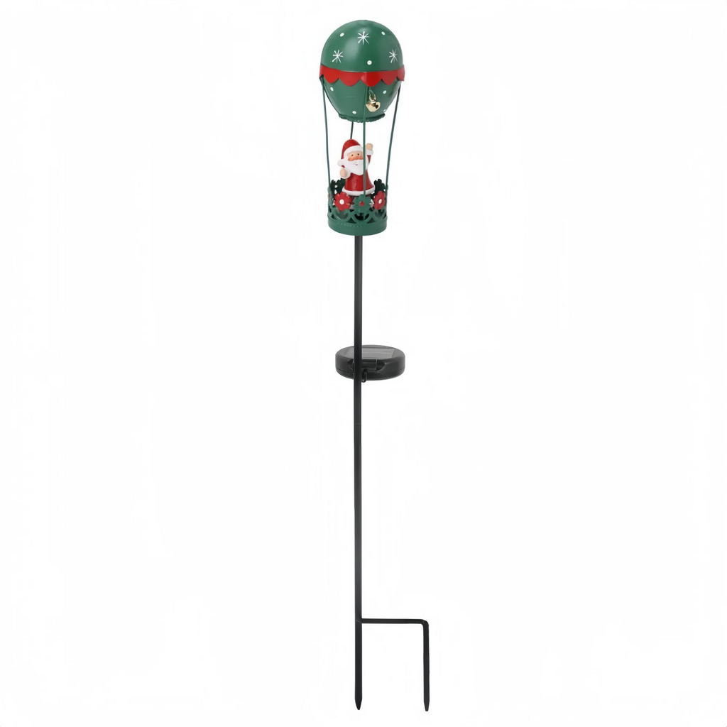 Outdoor Garden Solar Stake Light, Garden Iron Christmas Statue Light, Garden Solar Christmas Iron Santa Claus Sitting on a Hot Air balloon with Bells and Lights Inserted, for Yard Pathway Christmas Home Decor