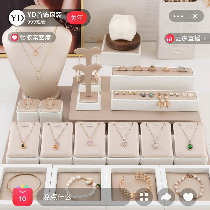 Champagne Leather Jewelry Set for Earrings Rings Display Stand Storage Organizer for Fashion Women Bracelets Necklaces Tray