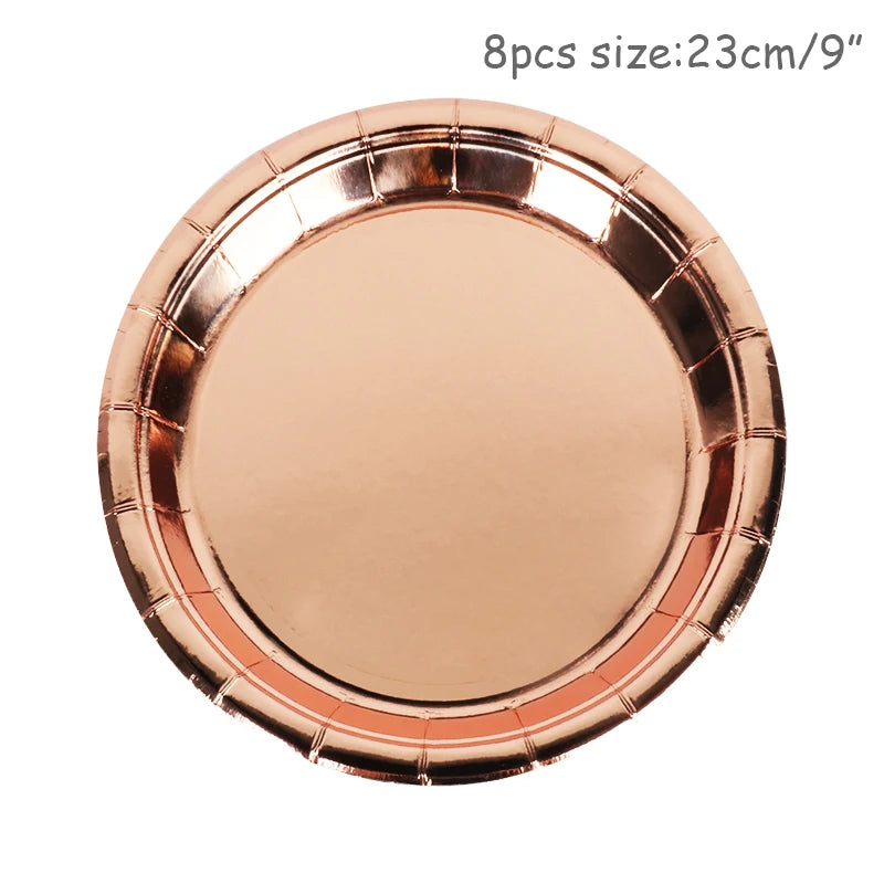 Rose Gold Disposable Tableware Diamond Pattern Paper Cups Plates Straws Table Decoration Wedding Birthday Party Supplies