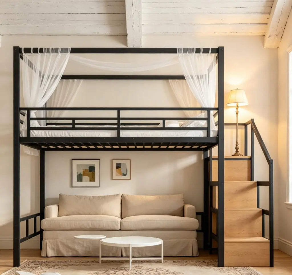 Bellemave Queen loft Bed with Storage Stairs, Wardrobe, Canopy Support Pole, Metal Queen Loft Bed Frame for Adults, Kids, Teens,