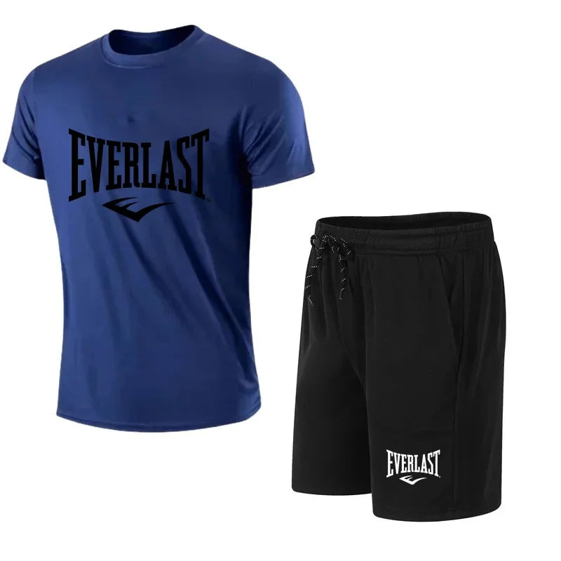 Men's T-shirt + Shorts 2-piece Set - Comfortable and Breathable Short-Sleeved Sporty Running Fitness Brand Printed Clothing